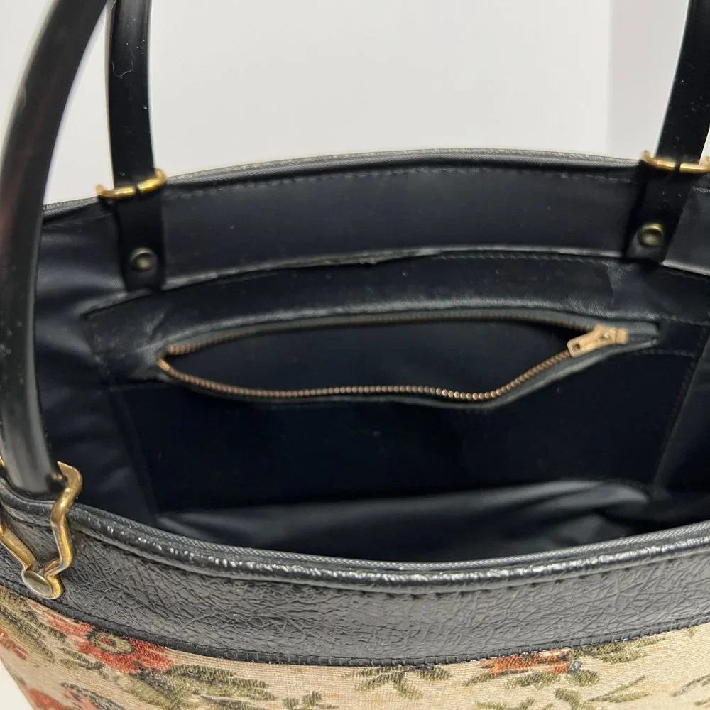 Vintage Handbag‎ Black with Tapestry Front craft bag hard side purse granny bag